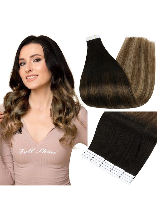 Fshine Tape in Hair Extensions Human Hair Tape in Extensions 22 Inch Glue in Remy Hair Extensions Balayage Color 1B Dark Roots Fading to 6 Chestnut Brown and 27 Honey Blonde Hair Extensions 50 Gram - Image 1