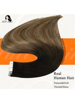 Fshine Tape in Hair Extensions Human Hair Tape in Extensions 22 Inch Glue in Remy Hair Extensions Balayage Color 1B Dark Roots Fading to 6 Chestnut Brown and 27 Honey Blonde Hair Extensions 50 Gram  - Image 2