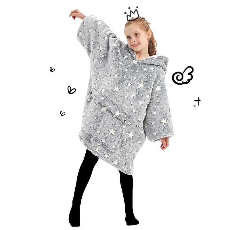 KFUBUO Wearable Blanket Hoodie for Kids Sherpa Patterns Oversized Sweatshirt Blanket With Pocket 6-10 Year Old Girl Boy Gifts Glow in The Dark Stars - Image 3