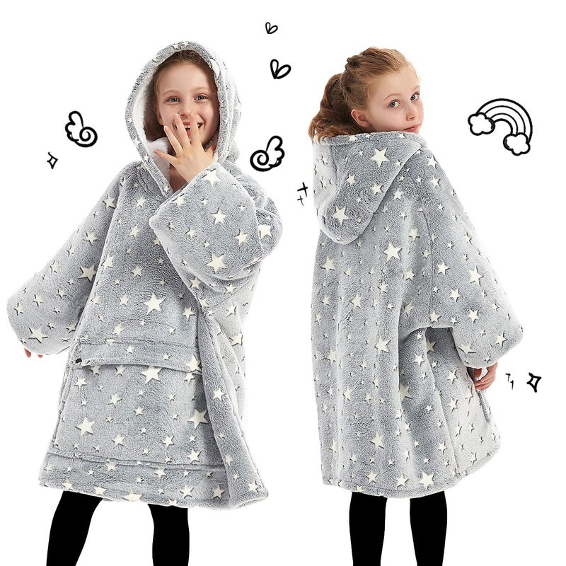 KFUBUO Wearable Blanket Hoodie for Kids Sherpa Patterns Oversized Sweatshirt Blanket With Pocket 6-10 Year Old Girl Boy Gifts Glow in The Dark Stars - Image 2