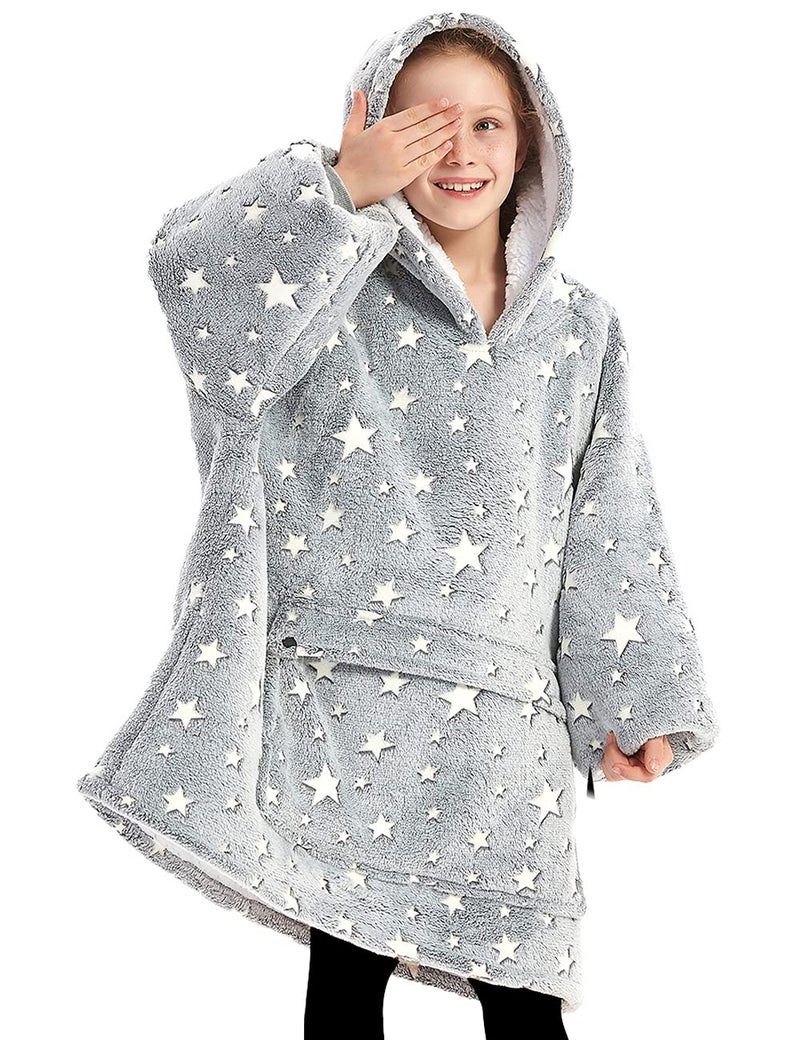 KFUBUO Wearable Blanket Hoodie for Kids Sherpa Patterns Oversized Sweatshirt Blanket With Pocket 6-10 Year Old Girl Boy Gifts Glow in The Dark Stars - Image 1