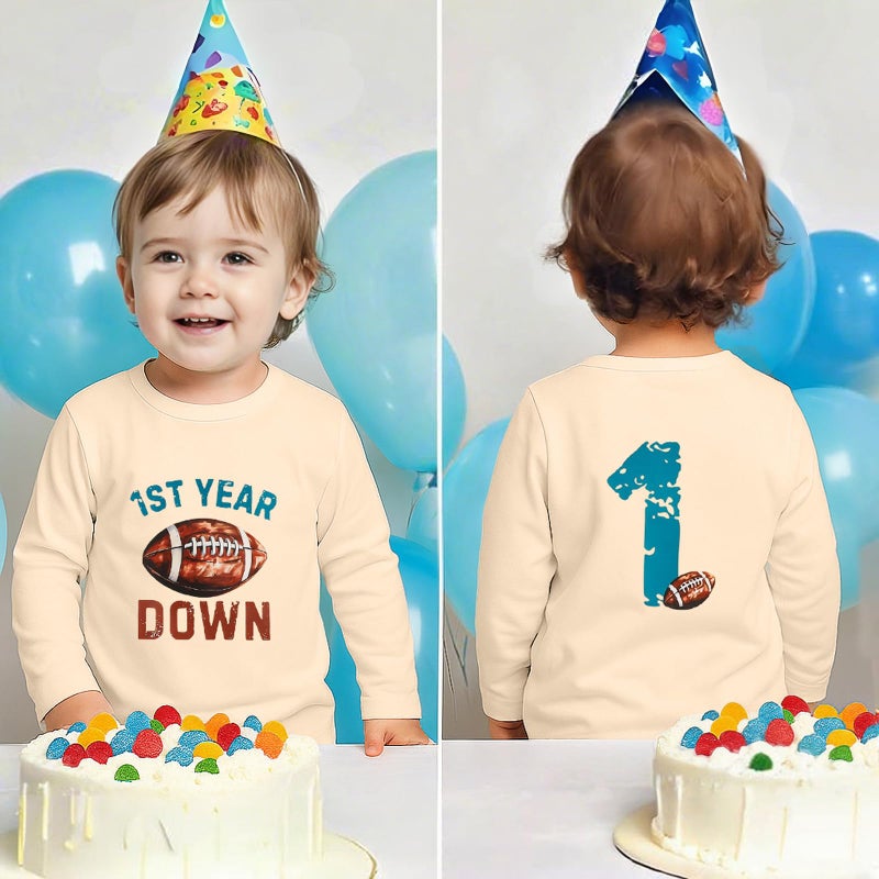 TITKKOP First Birthday Shirt Baby Boys One Year Old Tops 1st Birthday T-Shirt Cotton Long Sleeve Clothes Outfit Beige Football 12-18 Months - Image 2
