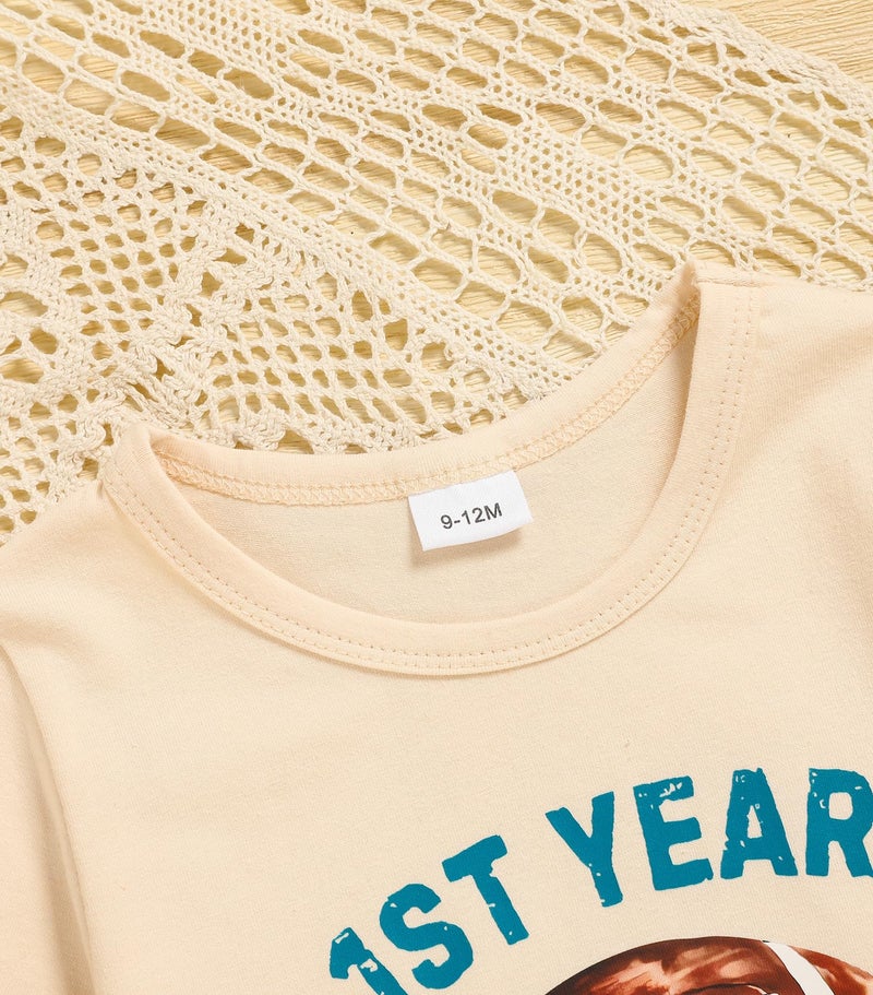 TITKKOP First Birthday Shirt Baby Boys One Year Old Tops 1st Birthday T-Shirt Cotton Long Sleeve Clothes Outfit Beige Football 12-18 Months - Image 5