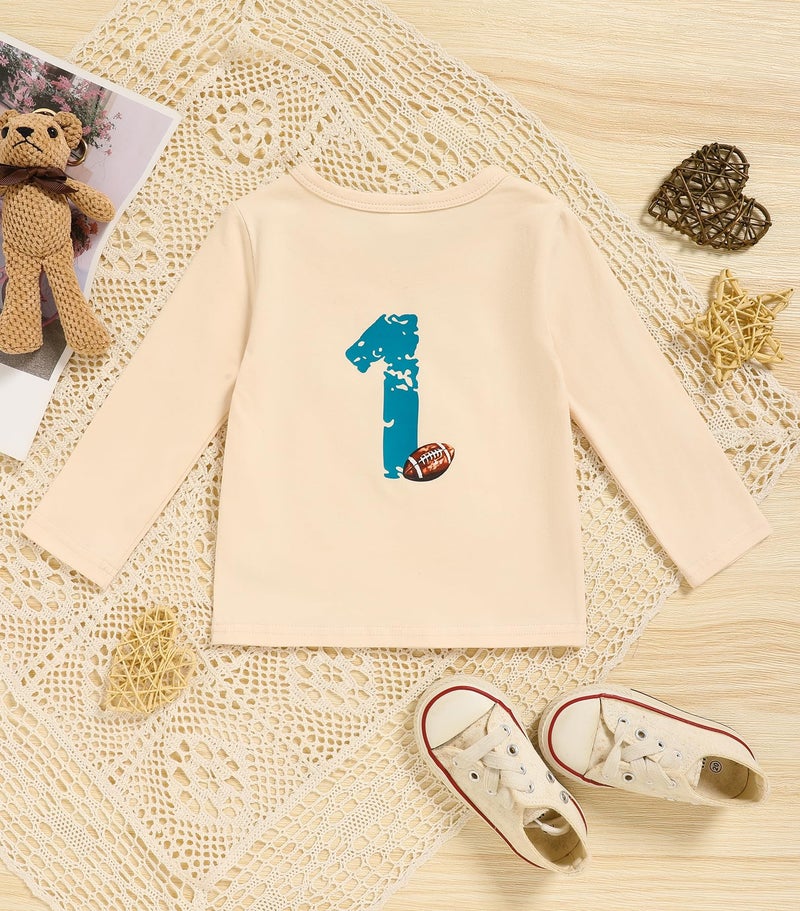 TITKKOP First Birthday Shirt Baby Boys One Year Old Tops 1st Birthday T-Shirt Cotton Long Sleeve Clothes Outfit Beige Football 12-18 Months - Image 4