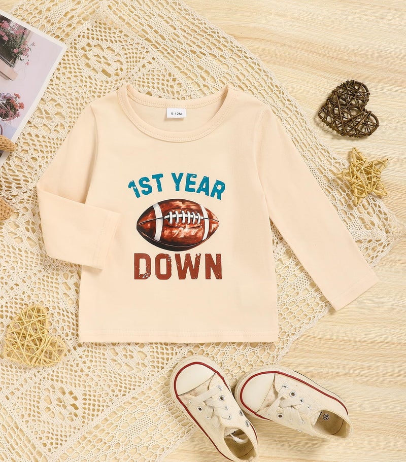 TITKKOP First Birthday Shirt Baby Boys One Year Old Tops 1st Birthday T-Shirt Cotton Long Sleeve Clothes Outfit Beige Football 12-18 Months - Image 3