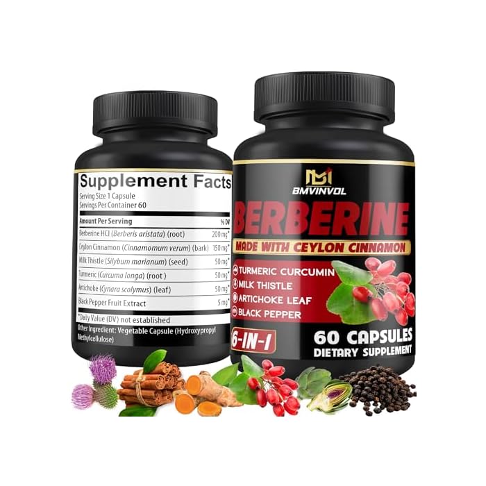 BMVINVOL Berberine Supplement with Ceylon Cinnamon, Turmeric, Artichoke, Milk Thistle - Berberine HCl Supplement Pills - 60 Capsules [2-Month Supply] - Image 1