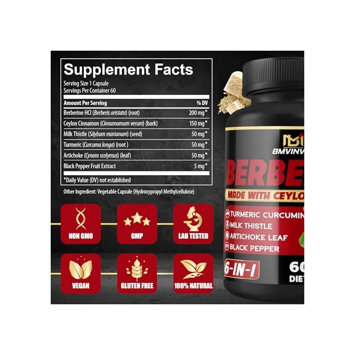 BMVINVOL Berberine Supplement with Ceylon Cinnamon, Turmeric, Artichoke, Milk Thistle - Berberine HCl Supplement Pills - 60 Capsules [2-Month Supply] - Image 2