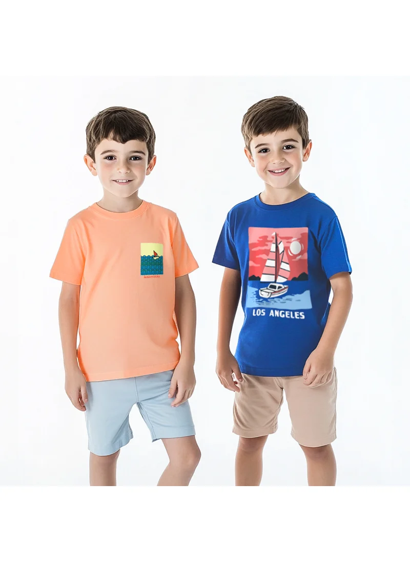 نوتيناتي Nautinati Boys' Pack of 2 Cotton Beach Graphic Printed T-shirts