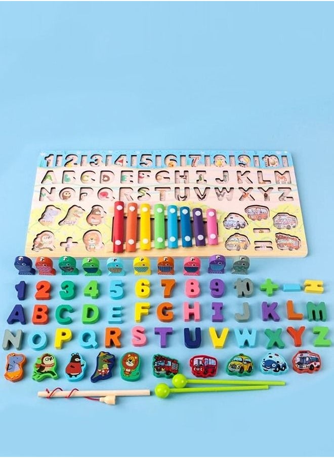 BAYBEE 6 In 1 Wooden Number Puzzle Toys For Kids Montessori Toys With Xylophone, Alphabets, Numbers, Shapes Sorting, Fish Catching Board Games Educational Learning Toy For Kids 3+Years Boys Girls  - Image 3