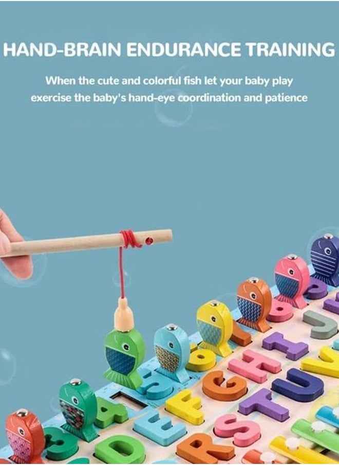BAYBEE 6 In 1 Wooden Number Puzzle Toys For Kids Montessori Toys With Xylophone, Alphabets, Numbers, Shapes Sorting, Fish Catching Board Games Educational Learning Toy For Kids 3+Years Boys Girls  - Image 2