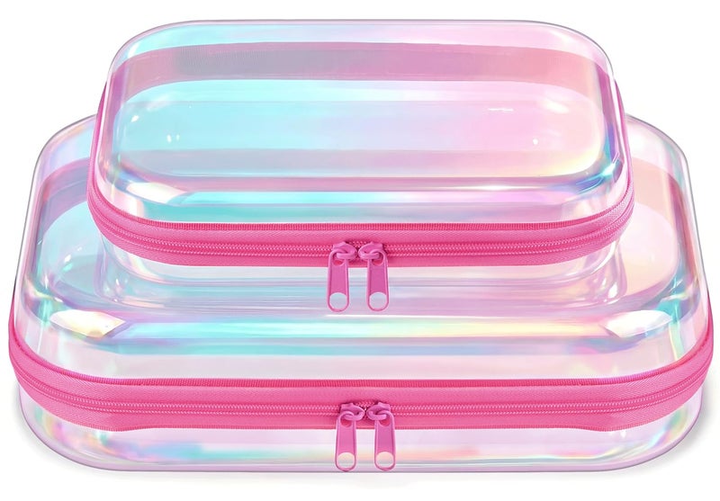 MKOSAB Clear Hard Shell Zipper Case, 2 Pack TSA-Approved Travel Toiletry Bag, Waterproof Cosmetic Bag, CLear Diaper Bag, Hair Tool Organizer, Toy Storage Bin,Travel Makeup Bag & Travel Essential (Pink) - Image 1