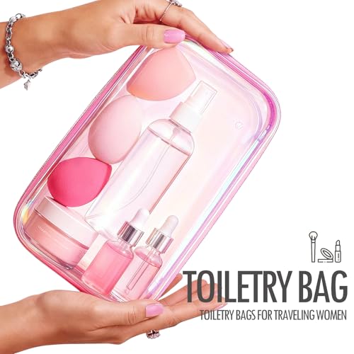 MKOSAB Clear Hard Shell Zipper Case, 2 Pack TSA-Approved Travel Toiletry Bag, Waterproof Cosmetic Bag, CLear Diaper Bag, Hair Tool Organizer, Toy Storage Bin,Travel Makeup Bag & Travel Essential (Pink) - Image 2