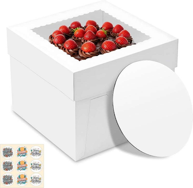RYDDOY 15 Pack Cake Boxes, 10x10x8 Inches Tall Cakes Box with Window, White Cake Boxes with Cakes Boards, Square Bakery Box, for Cake, Treat Cookie Dessert, Pastry, Birthday Party, Mother's Day, Weddings - Image 1