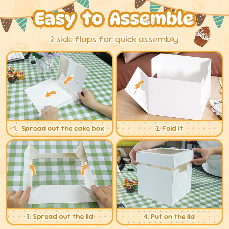 RYDDOY 15 Pack Cake Boxes, 10x10x8 Inches Tall Cakes Box with Window, White Cake Boxes with Cakes Boards, Square Bakery Box, for Cake, Treat Cookie Dessert, Pastry, Birthday Party, Mother's Day, Weddings - Image 4