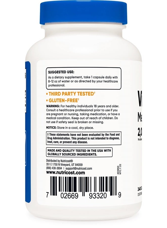 Nutricost فيتامين ب12 (ميثيلكوبالامين) 2000 ميكروغرام، 240 كبسولة - كبسولات نباتية، غير معدلة وراثيًا، خالية من الغلوتين مكمل ب12 - Image 3