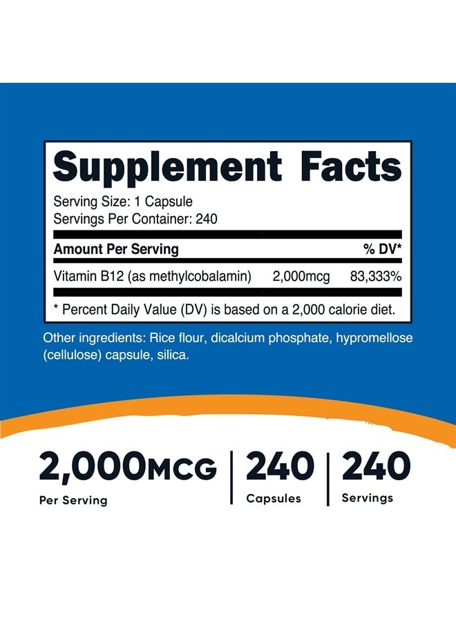 Nutricost فيتامين ب12 (ميثيلكوبالامين) 2000 ميكروغرام، 240 كبسولة - كبسولات نباتية، غير معدلة وراثيًا، خالية من الغلوتين مكمل ب12 - Image 2
