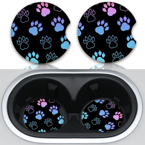 Adastrah Absorbent Car Coasters for Cup Holders, 2 Pack Universal Neoprene Car Coasters with Finger Slot, Auto Accessories for Women & Men,2.56"(Gradient Black Dog paw Print) - Image 1
