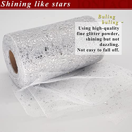 IONTACH Glitter Tulle Rolls 6 Inch by 50 Yards Sequin Tulle Fabric Ribbon for Christmas Gift Wrapping DIY Tutu Skirt Sewing Bow Wedding Decorations Halloween Craft Supplies (White-Silver) - Image 3
