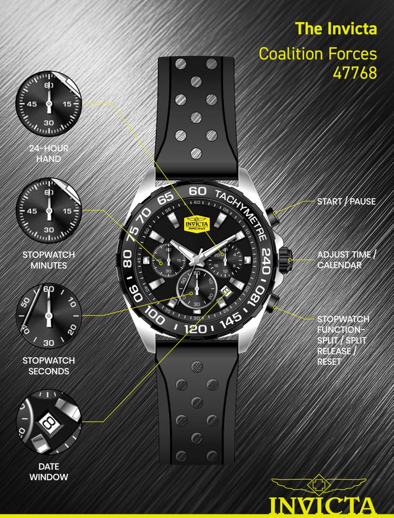 Invicta ساعة إنفيكتا ريسينغ للرجال 43 مم من الفولاذ المقاوم للصدأ بقرص أسود + فولاذ أسود VD53 كوارتز - Image 4