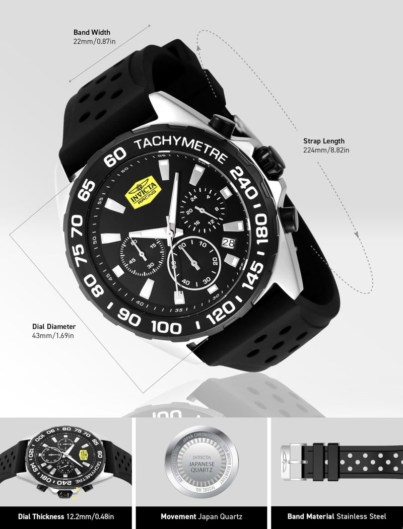 Invicta ساعة إنفيكتا ريسينغ للرجال 43 مم من الفولاذ المقاوم للصدأ بقرص أسود + فولاذ أسود VD53 كوارتز - Image 3