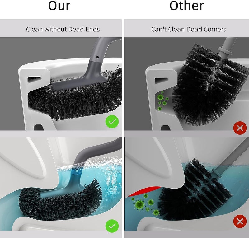 HAMITOR Toilet Bowl Brush Holder Set: Bathroom Deep Cleaning Toilet Cleaner Scrubber Under Rim with Curved Bristle for Dead Corner Clean - Hidden Rv Toilet Decorative Accessories with Caddy- Gray - Image 2