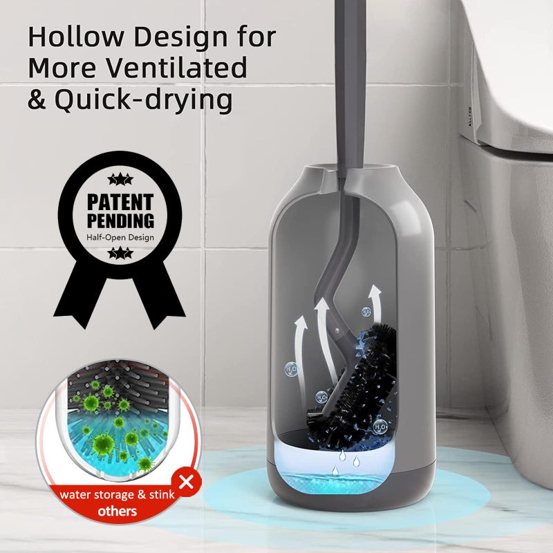 HAMITOR Toilet Bowl Brush Holder Set: Bathroom Deep Cleaning Toilet Cleaner Scrubber Under Rim with Curved Bristle for Dead Corner Clean - Hidden Rv Toilet Decorative Accessories with Caddy- Gray - Image 3