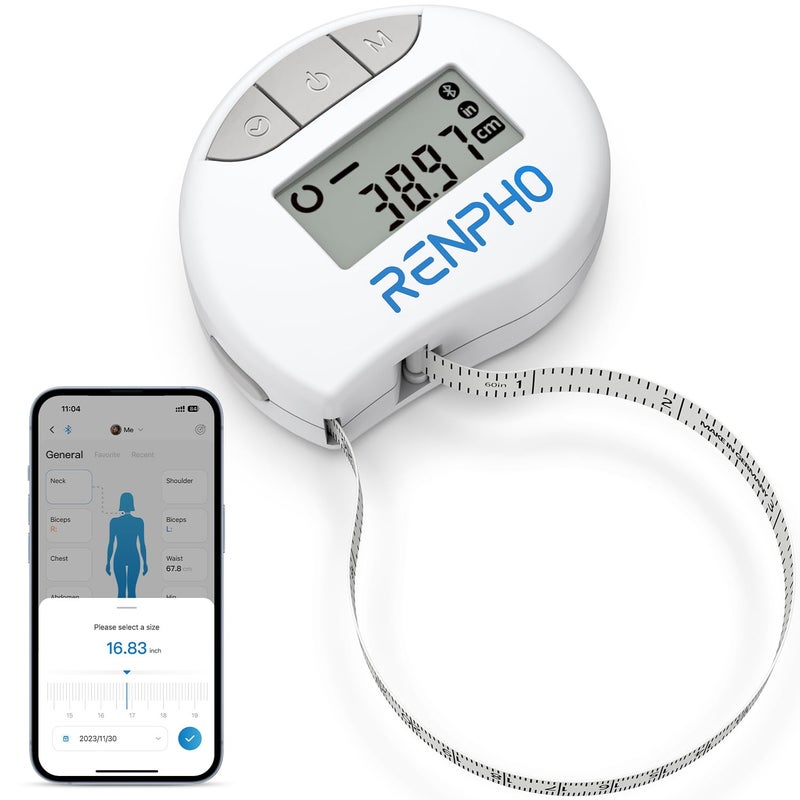 RENPHO Body Measuring Tape, Smart Tape Measure for Weight Loss, Bluetooth Tape with App, Retractable Tape for Measuring Waist, Hip, Bust, Arms, Muscle Gain, Fitness Equipment, 60in /150cm, White - Image 1