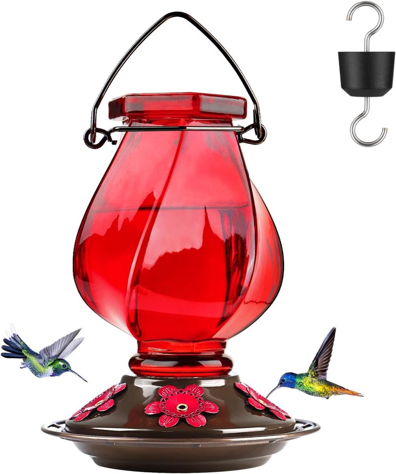 BOLITE Hummingbird Feeder, BOLITE Glass Hummingbird Feeders for Outdoors Hanging, with Ant Moat and Five Feeding Ports, 22 Ounces, Leak Proof, Red Bottle - Image 1