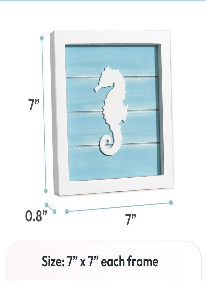 Tide and Tales Coastal Wall Art (Framed Set of 4) Beach Bathroom Wall Decor with Starfish, Seahorse, Sand Dollar and Coral - Ocean Theme Turquoise Room Decor - Seashell Beach Decorations for Home 7" x 7" - Image 2