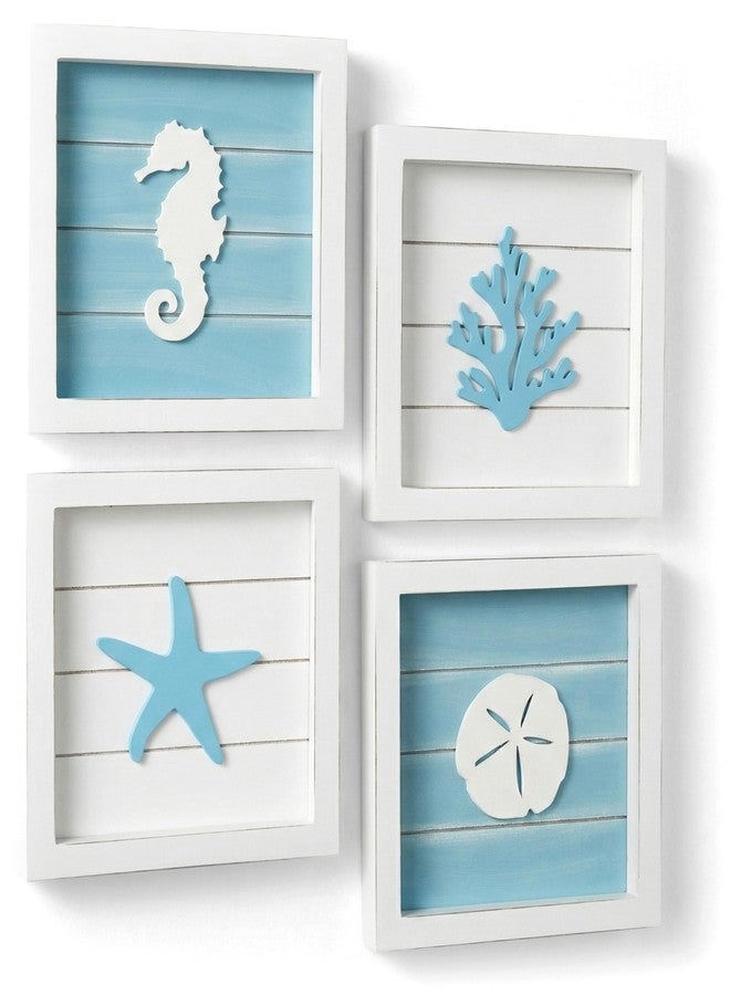 Tide and Tales Coastal Wall Art (Framed Set of 4) Beach Bathroom Wall Decor with Starfish, Seahorse, Sand Dollar and Coral - Ocean Theme Turquoise Room Decor - Seashell Beach Decorations for Home 7" x 7" - Image 1