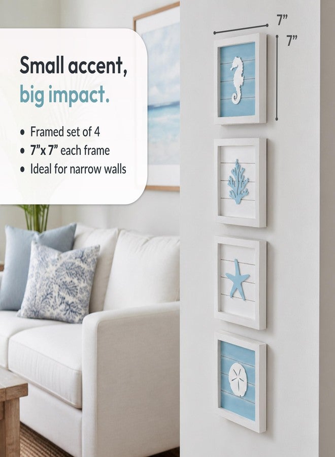 Tide and Tales Coastal Wall Art (Framed Set of 4) Beach Bathroom Wall Decor with Starfish, Seahorse, Sand Dollar and Coral - Ocean Theme Turquoise Room Decor - Seashell Beach Decorations for Home 7" x 7" - Image 3