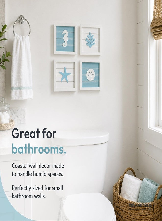 Tide and Tales Coastal Wall Art (Framed Set of 4) Beach Bathroom Wall Decor with Starfish, Seahorse, Sand Dollar and Coral - Ocean Theme Turquoise Room Decor - Seashell Beach Decorations for Home 7" x 7" - Image 4