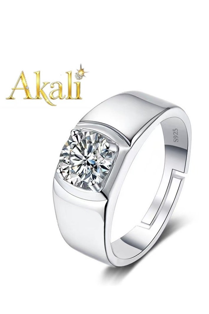 ممتاز 1 قيراط مويسانيتي خاتم زفاف الرجال، S925 مطلي بالذهب الأبيض، حجم قابل للتعديل، صندوق هدايا فاخر، جاهز للهدايا - Image 1