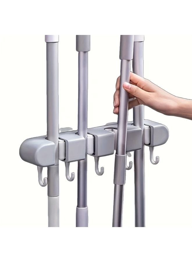 Grey No Drill Wall Mounted Mop Broom Holder Space Saving Bathroom Kitchen Tool - Image 2