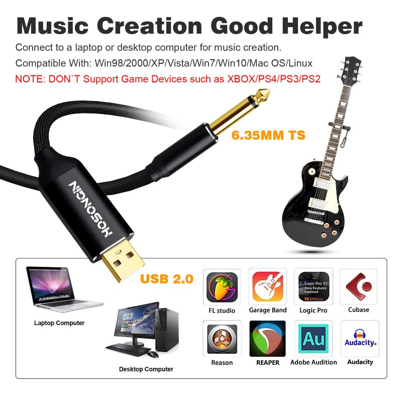 HOSONGIN [Upgraded Version] USB Guitar Cable, Guitar 1/4 Inch TS to Computer USB Interface Cable Adapter for Instruments Recording Singing, Premium Braided Shielding Cable, Length 10FT - Image 2