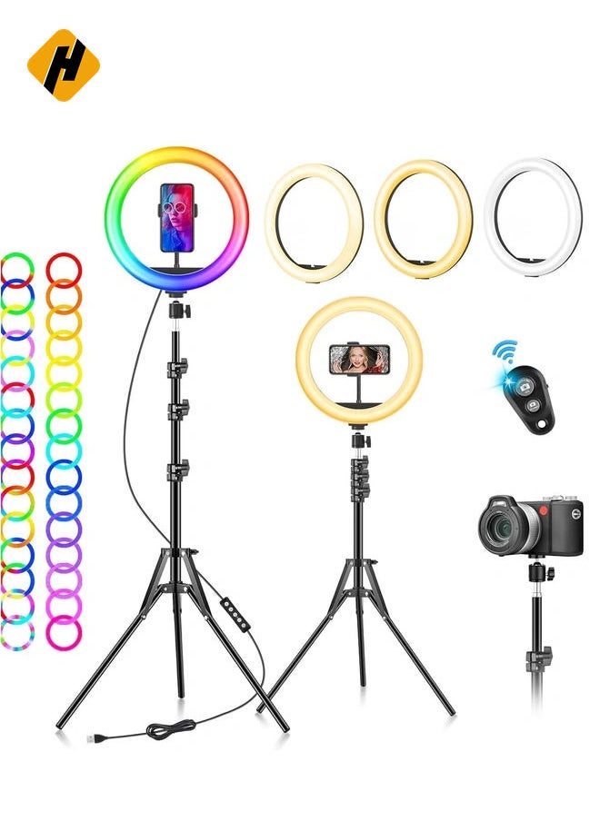 HuHa - Ring Light with Tripod Stand & Phone Holder - 10 inch Selfie LED Ringlight Dimmable Desktop Lamp 40 Colors RGB Tall Circle Light for Camera Makeup Video YouTube TikTok Live Streamig - Image 1