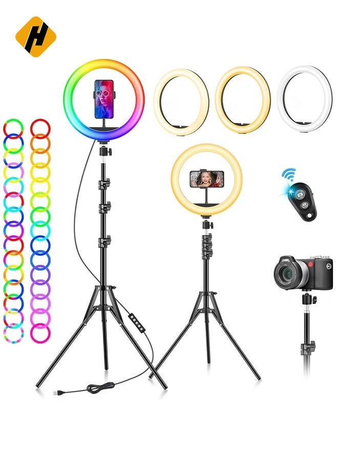 HuHa - Ring Light with Tripod Stand & Phone Holder - 10 inch Selfie LED Ringlight Dimmable Desktop Lamp 40 Colors RGB Tall Circle Light for Camera Makeup Video YouTube TikTok Live Streamig - Image 1