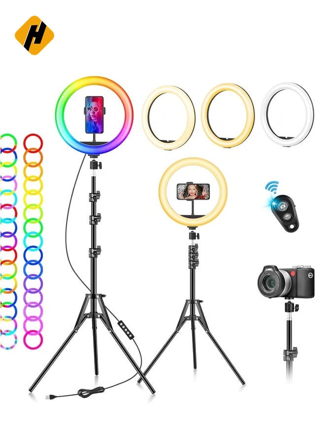 HuHa - Ring Light with Tripod Stand & Phone Holder - 10 inch Selfie LED Ringlight Dimmable Desktop Lamp 40 Colors RGB Tall Circle Light for Camera Makeup Video YouTube TikTok Live Streamig - Image 1