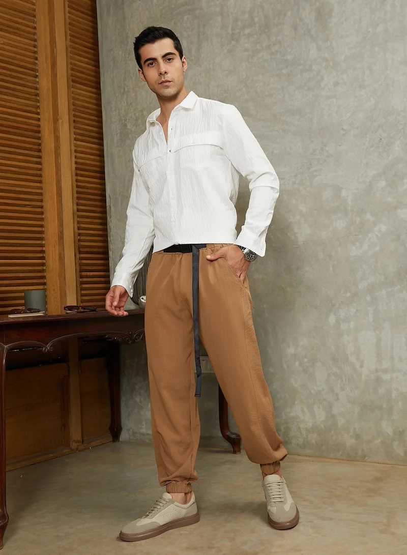 Campus Sutra  Men's Obsidian Black Solid Belted Cargo Pants For Casual Wear | Mid-Rise | Regular Fit | Elasticated Waist Closure | Cargo Pants Crafted With Comfort Fit For Everyday Wear for Men | Best Price UAE