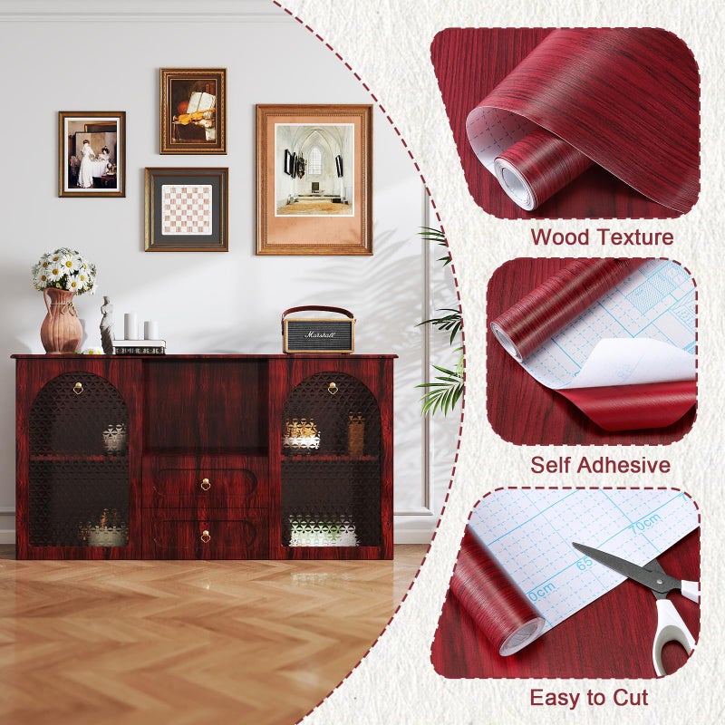 Kitico Red Brown Wooden Grain Peel and Stick Wallpaper, Removable Contact Paper, Self Adhesive Waterproof Wood Look Wall Paper for Bedroom, Living Kitchen Cabinets and Furniture 17.7" x 80" - Image 4