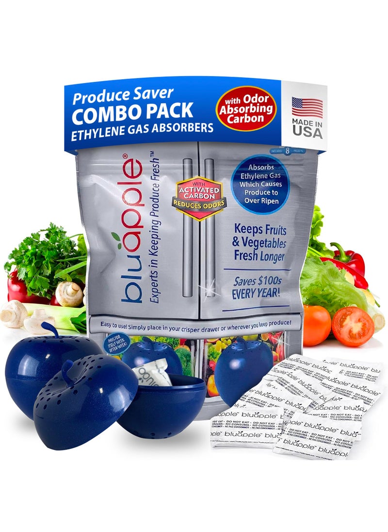 BluApple Bluapple Produce Saver Ethylene Gas Absorber 1 Year Combo Pack with Activated Carbon  2 Bluapples  8 Packets 13 grams each Vegetable  Fruit Freshness Extender Produce Storage BPAFree USAMade 