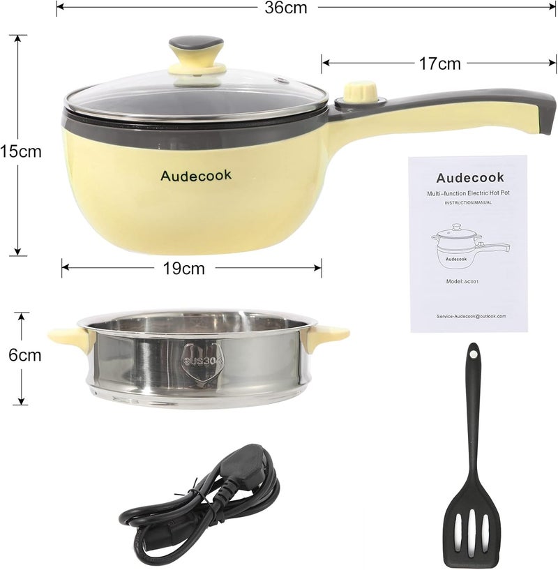 Audecook Hot Pot Electric,Mini Electric Skillet Portable Nonstick Sauté Pan with Power Adjustment, Rapid Ramen Cooker Travel Multicooker Electric Pot for Steak/Soup (B(yellow/1.5L with steamer)) - Image 4