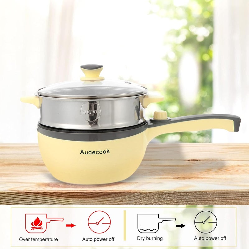 Audecook Hot Pot Electric,Mini Electric Skillet Portable Nonstick Sauté Pan with Power Adjustment, Rapid Ramen Cooker Travel Multicooker Electric Pot for Steak/Soup (B(yellow/1.5L with steamer)) - Image 3