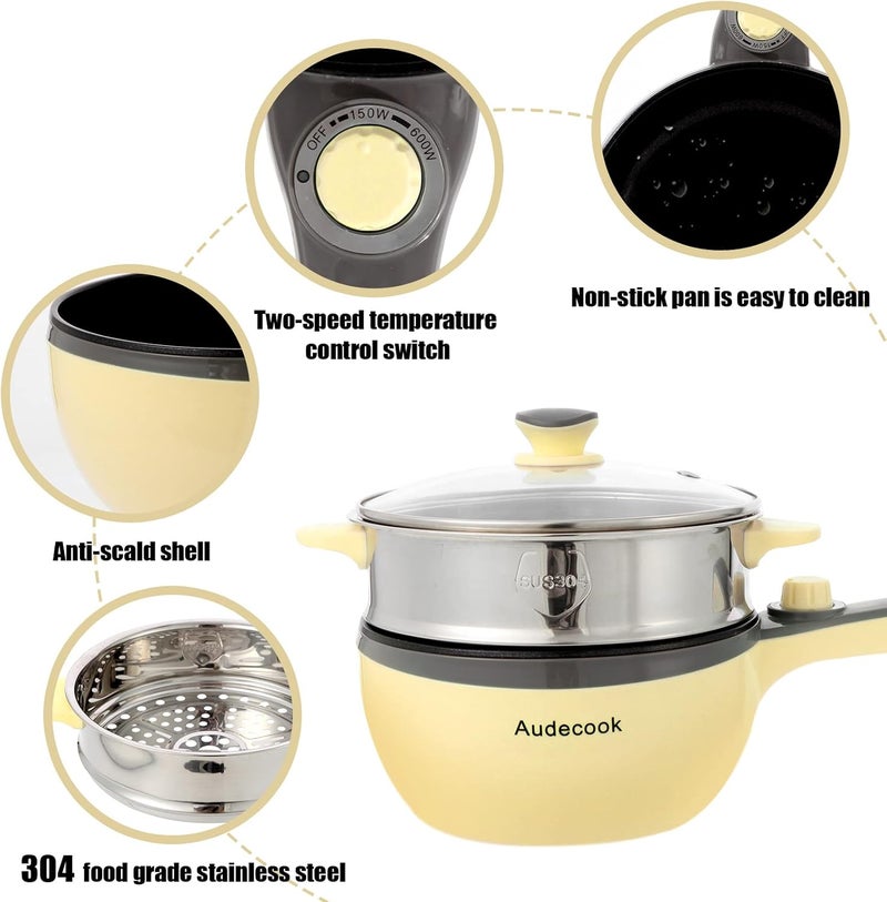 Audecook Hot Pot Electric,Mini Electric Skillet Portable Nonstick Sauté Pan with Power Adjustment, Rapid Ramen Cooker Travel Multicooker Electric Pot for Steak/Soup (B(yellow/1.5L with steamer)) - Image 2