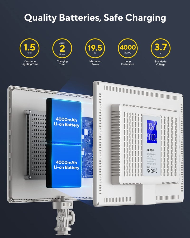 RALENO Led Video Light, 19.5W Soft Panel Light for Video Recording with 8000mAh Lithium Battery, 3200-5600K CRI95+ Camera Light for Photography Studio Live Streaming YouTube White - Image 4