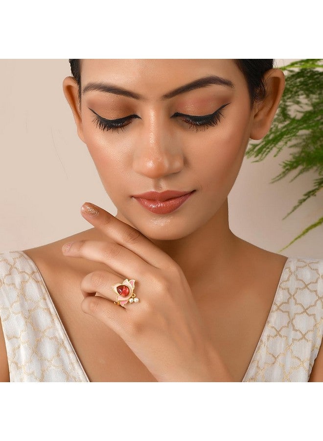 VOYLLA Forever More Floral Pink Stone and Pearls Ring|Enameled Ring For Women|Adjustable Ring|Wedding|Gift For Women| - Image 3