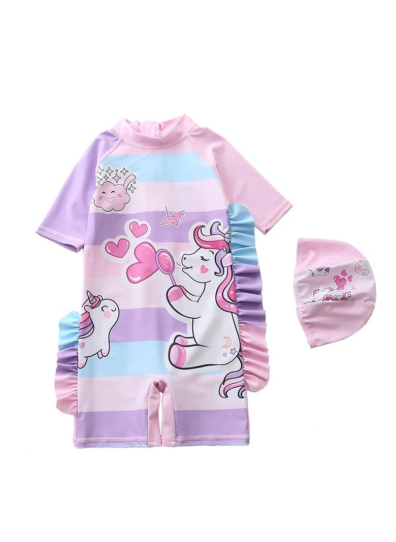 Y&D - 2 Piece Kids Unicorn Print Swimsuit with Cap Set  Toddler Girls One-Piece Swimwear Children Swimming Clothing Beachwear Bathing Suit Bikini for Summer - Image 1
