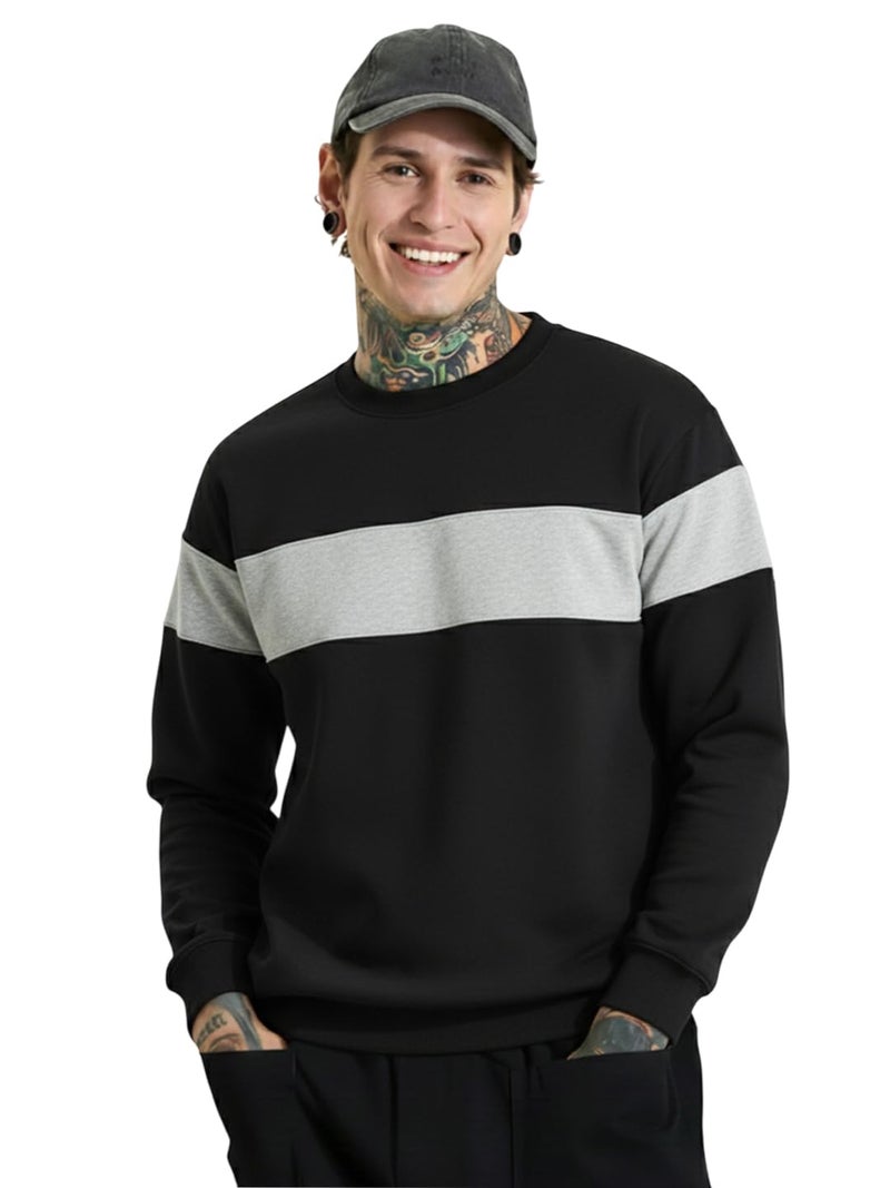 LEOTUDE Men's Regular Fit Round Neck Color Block Loopknit Sweatshirt(W11_Brown_P_Zblack_XL) Black-Grey - Image 1