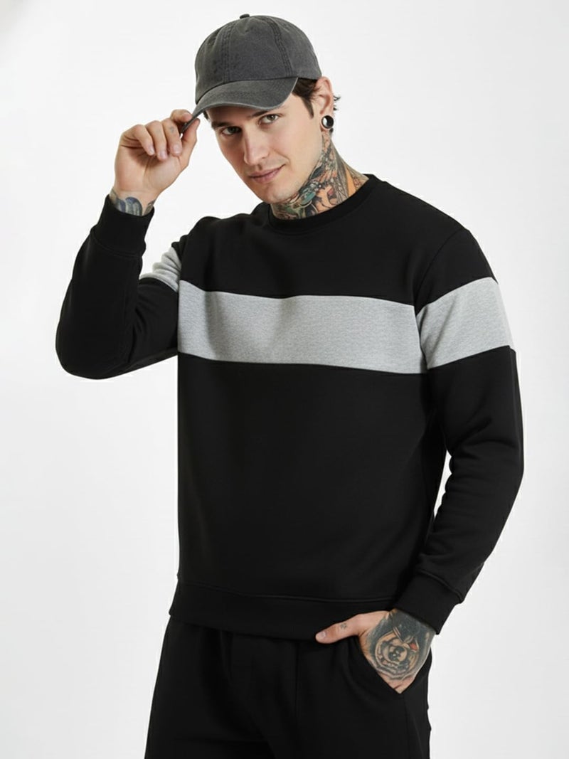 LEOTUDE Men's Regular Fit Round Neck Color Block Loopknit Sweatshirt(W11_Brown_P_Zblack_XL) Black-Grey - Image 2