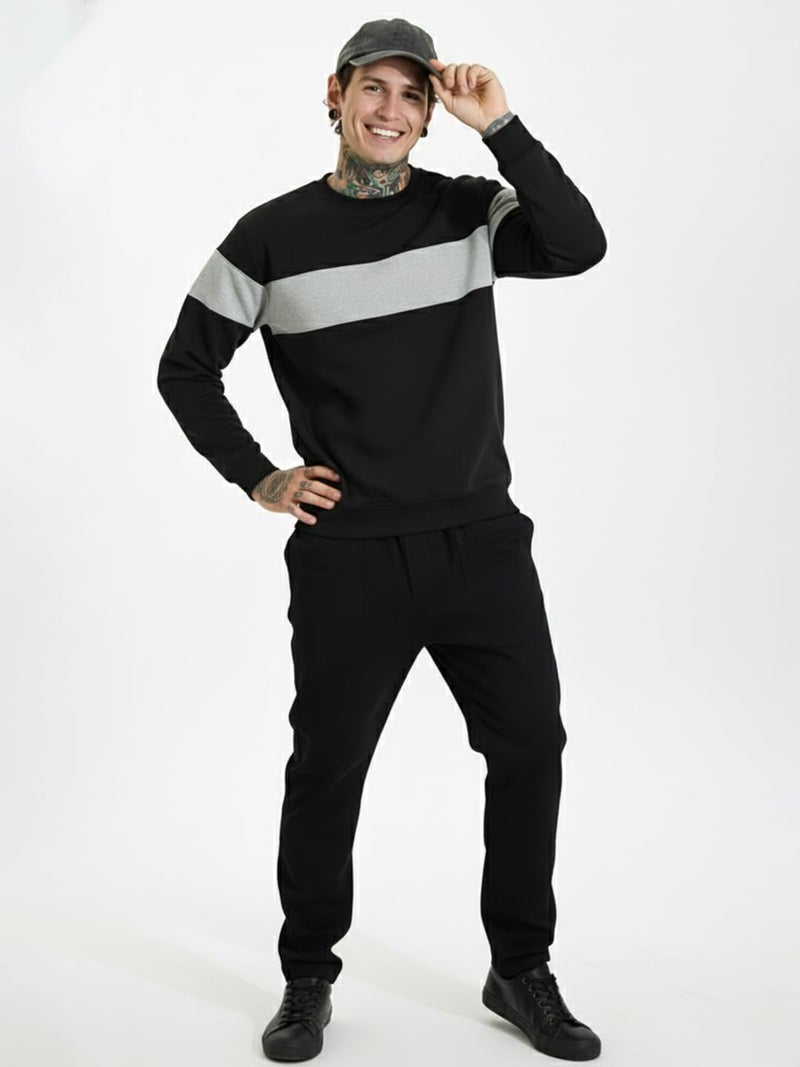 LEOTUDE Men's Regular Fit Round Neck Color Block Loopknit Sweatshirt(W11_Brown_P_Zblack_XL) Black-Grey - Image 5